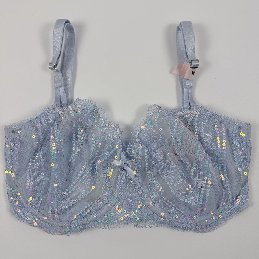 Victoria's Secret Dream Angels Lace Bra Unlined Uplift Sling Sequin Blue 32DDD